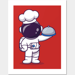 Cute Astronaut Chef Holding Cloche Food Plate Cartoon Posters and Art